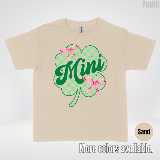 Coquette Mini Pink Bows Checkered Retro Four Leaf Clover Saint Patrick's Day Youth T-Shirt