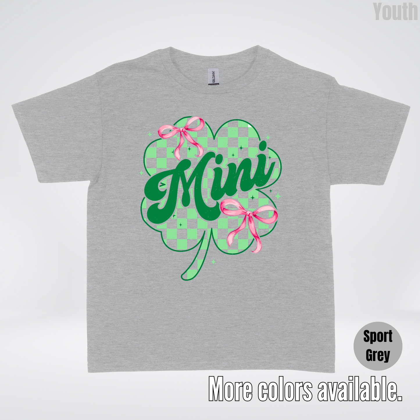 Coquette Mini Pink Bows Checkered Retro Four Leaf Clover Saint Patrick's Day Youth T-Shirt