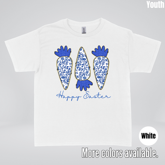 Blue Toile Chinoiserie Grandmillennial Happy Easter And Carrots Youth T-Shirt