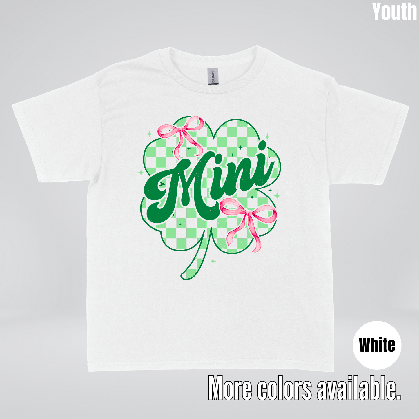 Coquette Mini Pink Bows Checkered Retro Four Leaf Clover Saint Patrick's Day Youth T-Shirt