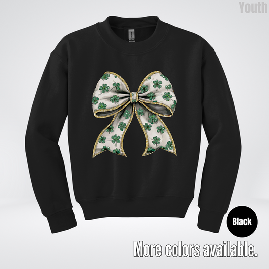 Lucky Clover Green Coquette Glitter Bow – Saint Patrick’s Day Youth Crewneck Sweatshirt