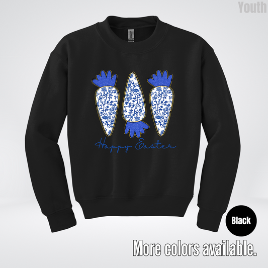 Blue Toile Chinoiserie Grandmillennial Happy Easter And Carrots Youth Crewneck Sweatshirt