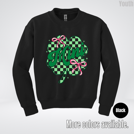 Coquette Mini Pink Bows Checkered Retro Four Leaf Clover Saint Patrick's Day Youth Crewneck Sweatshirt
