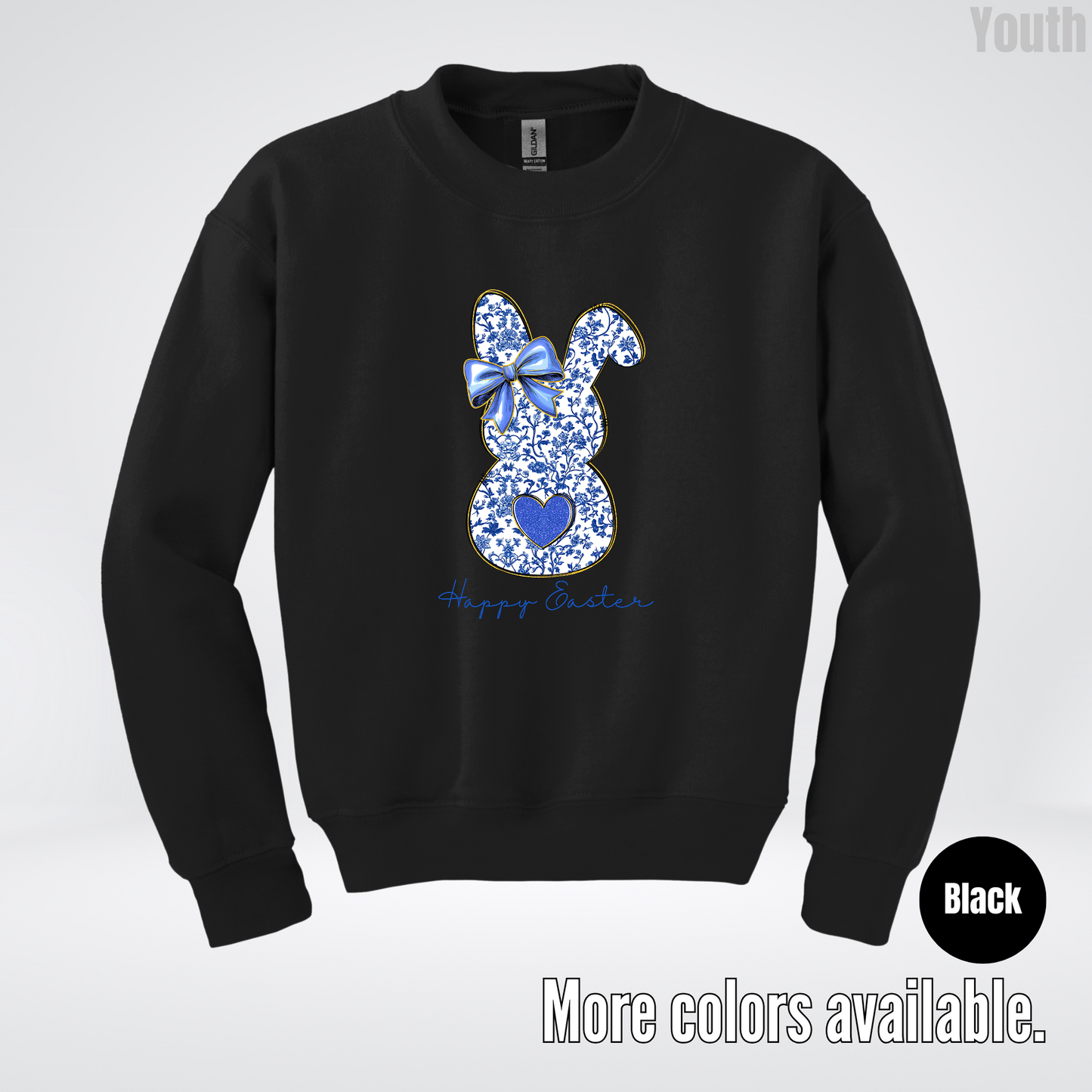Happy Easter Bunny Blue Toile Chinoiserie Grand Millennial Youth Crewneck Sweatshirt