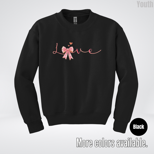 Love Pink Watercolor Coquette Bow Youth Crewneck Sweatshirt