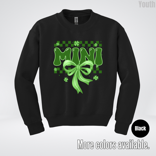 Mini Coquette Green Bow Checkered Retro Four Leaf Clovers Youth Crewneck Sweatshirt