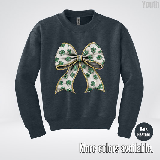 Lucky Clover Green Coquette Glitter Bow – Saint Patrick’s Day Youth Crewneck Sweatshirt