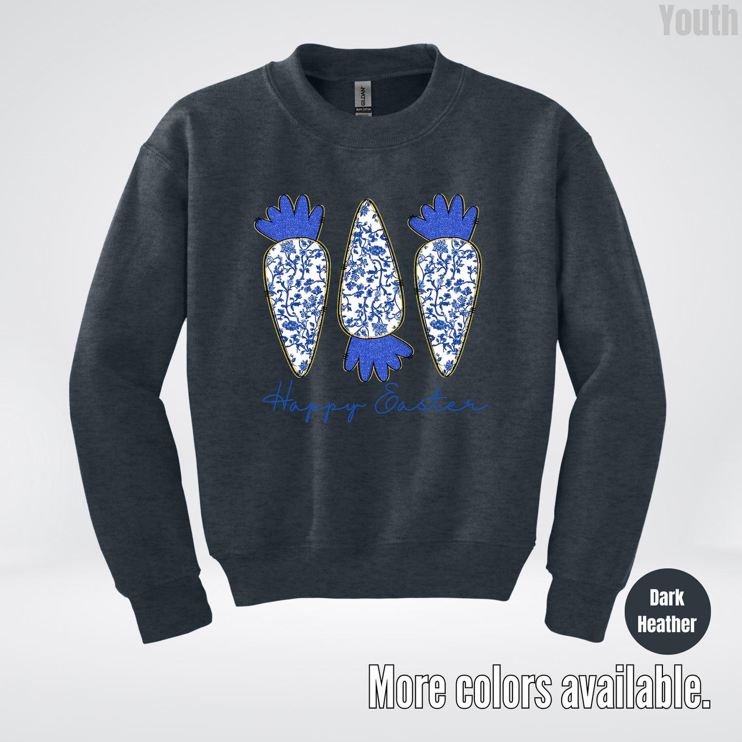 Blue Toile Chinoiserie Grandmillennial Happy Easter And Carrots Youth Crewneck Sweatshirt