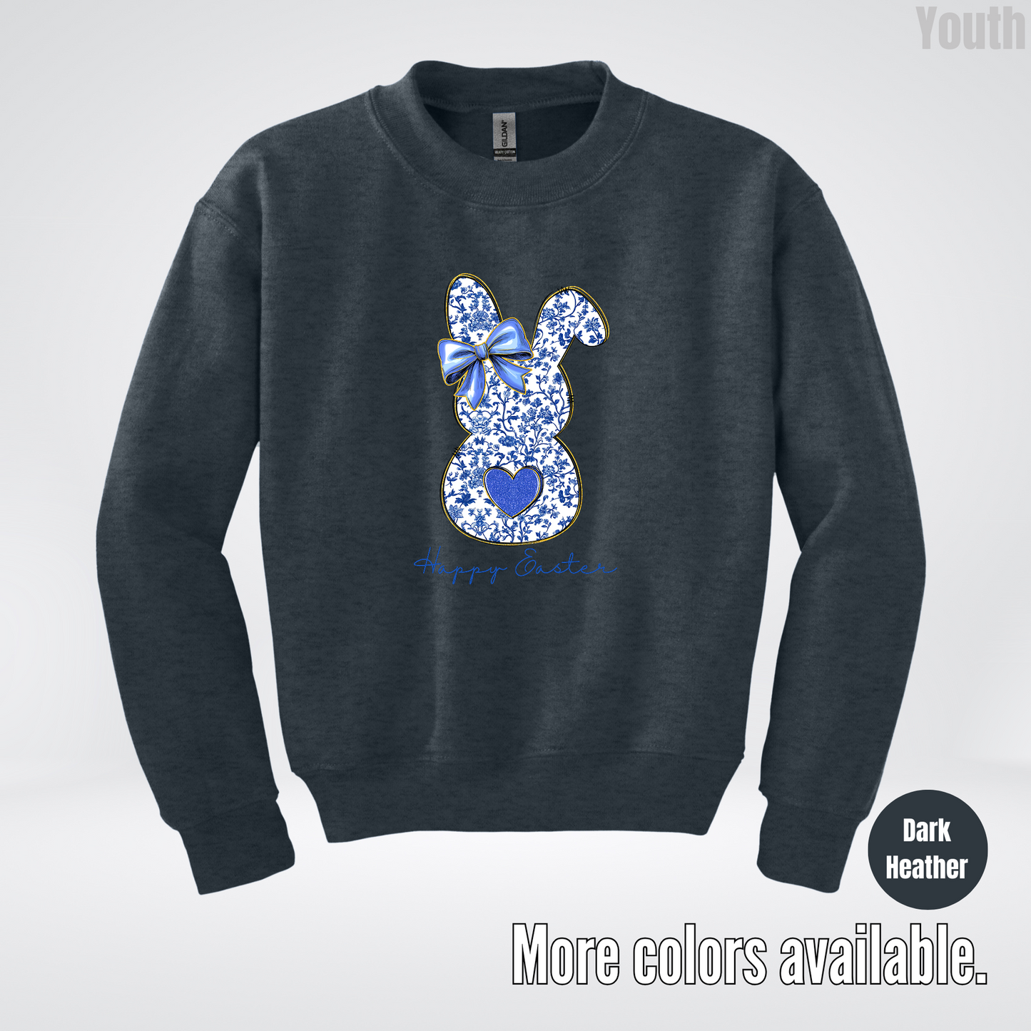 Happy Easter Bunny Blue Toile Chinoiserie Grand Millennial Youth Crewneck Sweatshirt