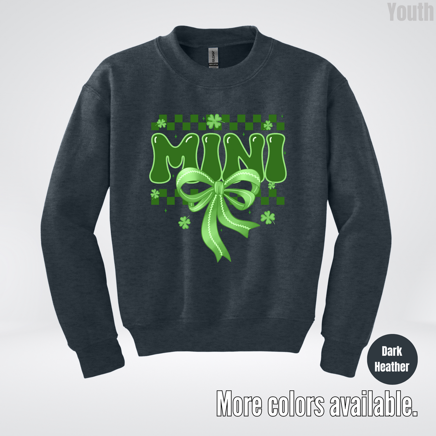 Mini Coquette Green Bow Checkered Retro Four Leaf Clovers Youth Crewneck Sweatshirt
