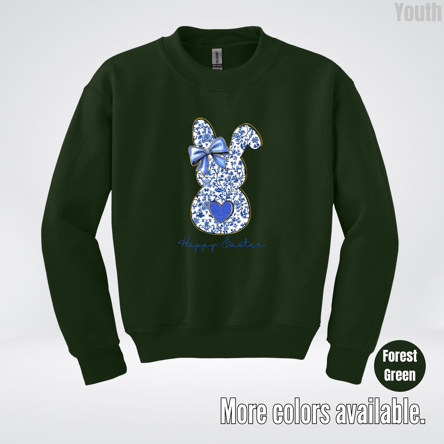 Happy Easter Bunny Blue Toile Chinoiserie Grand Millennial Youth Crewneck Sweatshirt