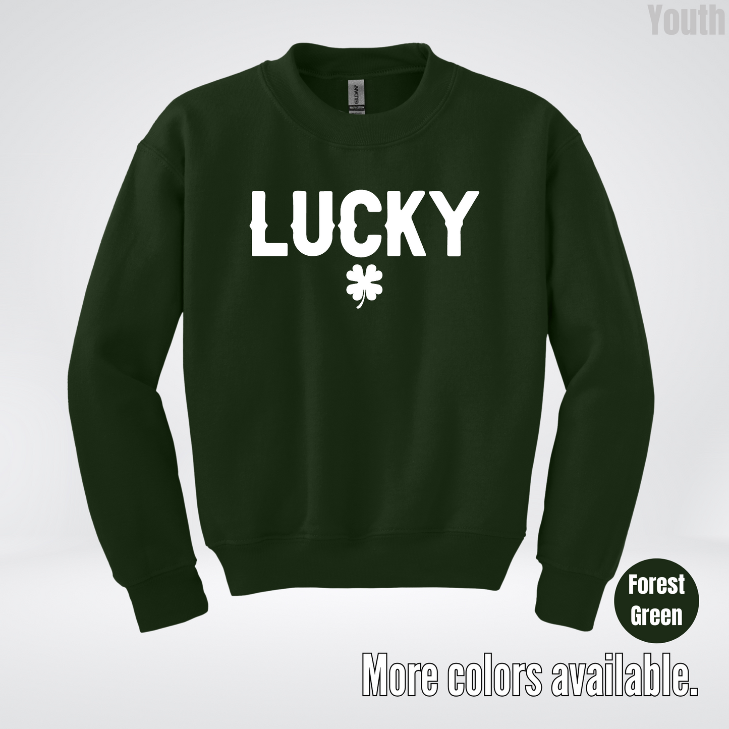 Lucky & Four Leaf Clover - White Design - St. Patrick's Day Youth Crewneck Sweatshirt