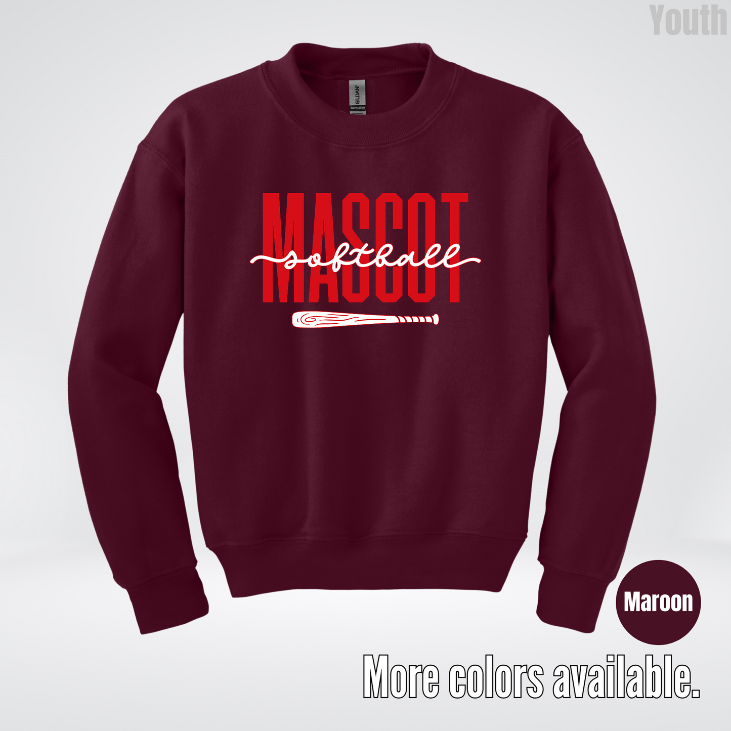 Custom Mascot – Red - Softball Design 28 Youth Crewneck Sweatshirt