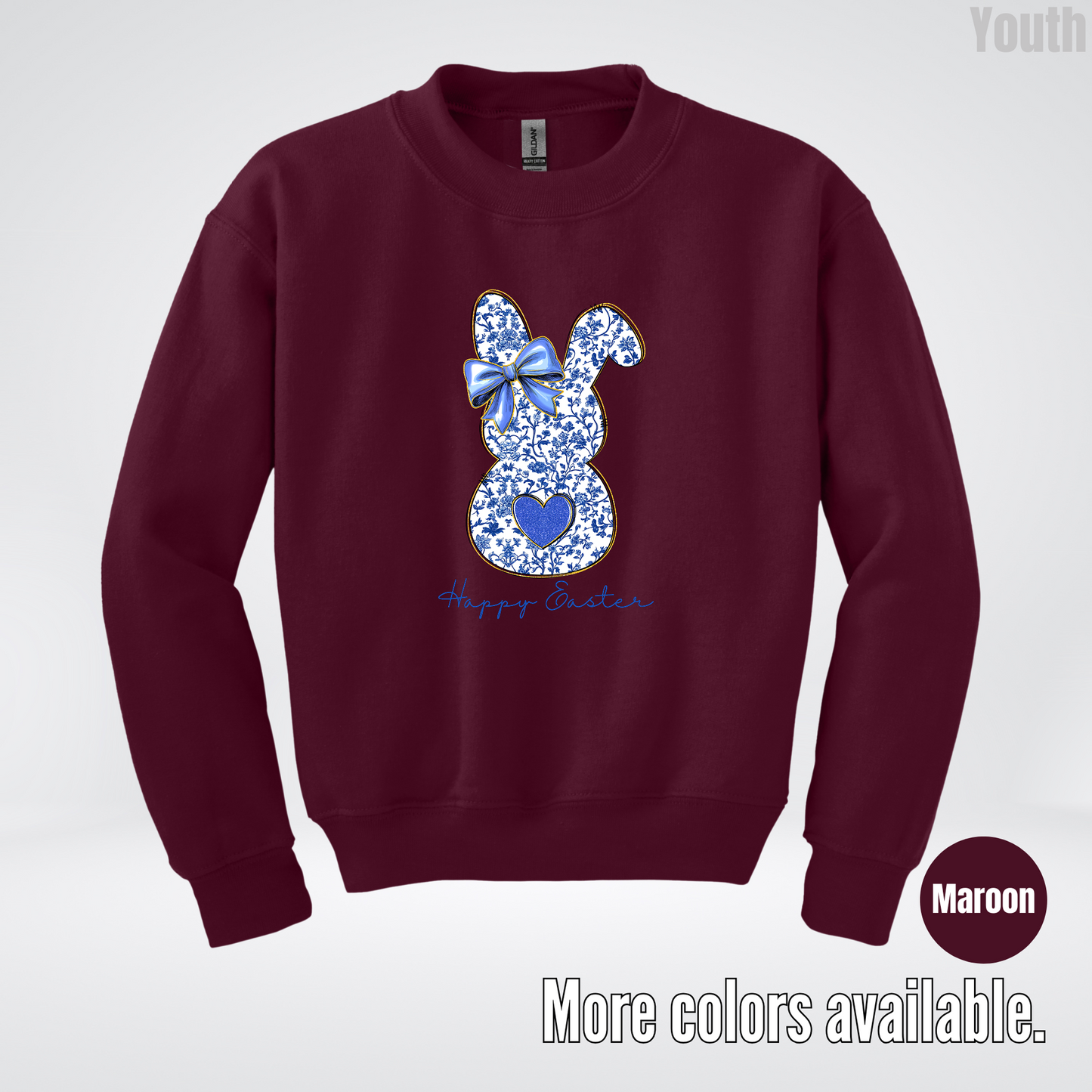 Happy Easter Bunny Blue Toile Chinoiserie Grand Millennial Youth Crewneck Sweatshirt