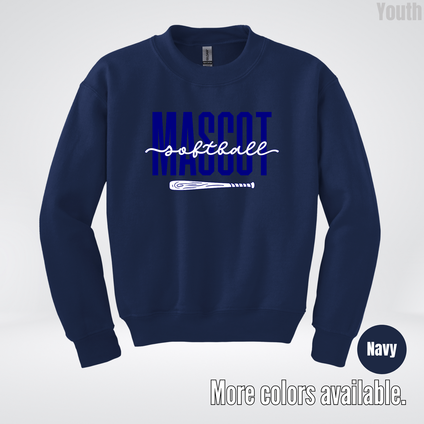 Custom Mascot – Navy - Softball Design 27 Youth Crewneck Sweatshirt