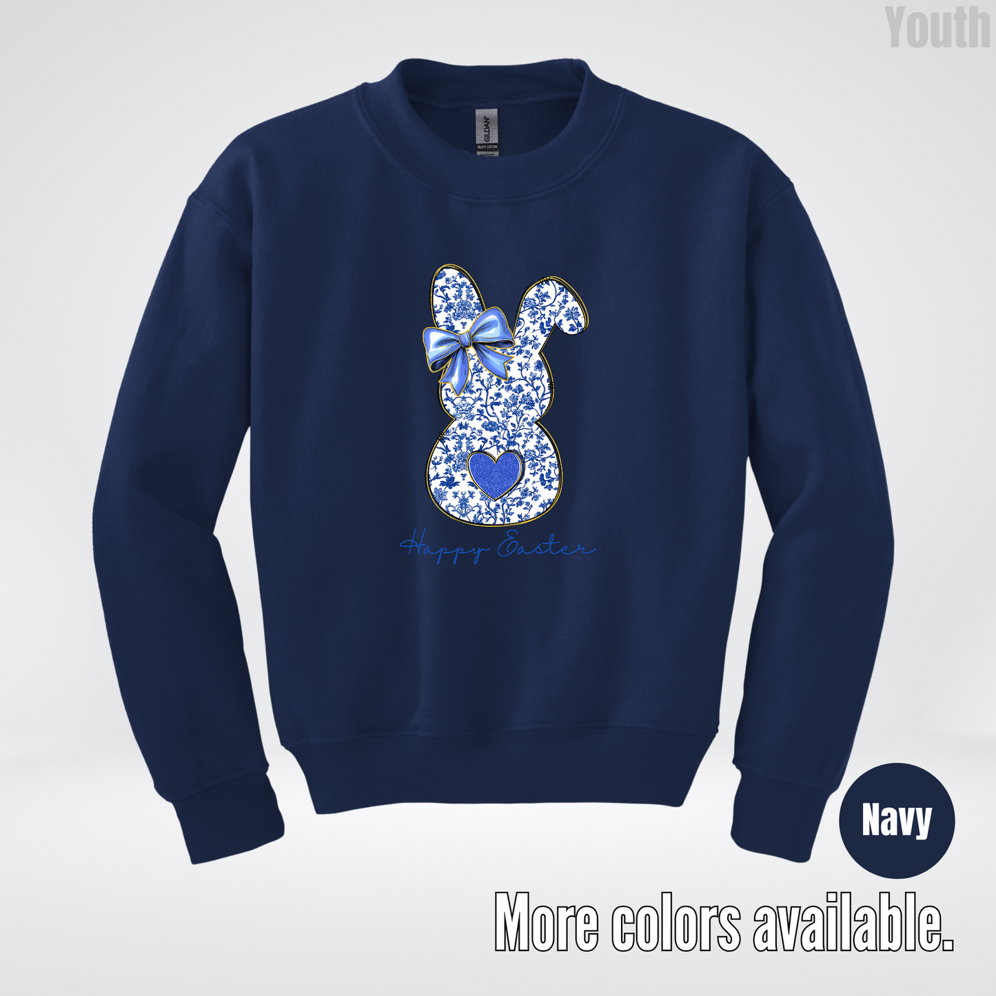 Happy Easter Bunny Blue Toile Chinoiserie Grand Millennial Youth Crewneck Sweatshirt
