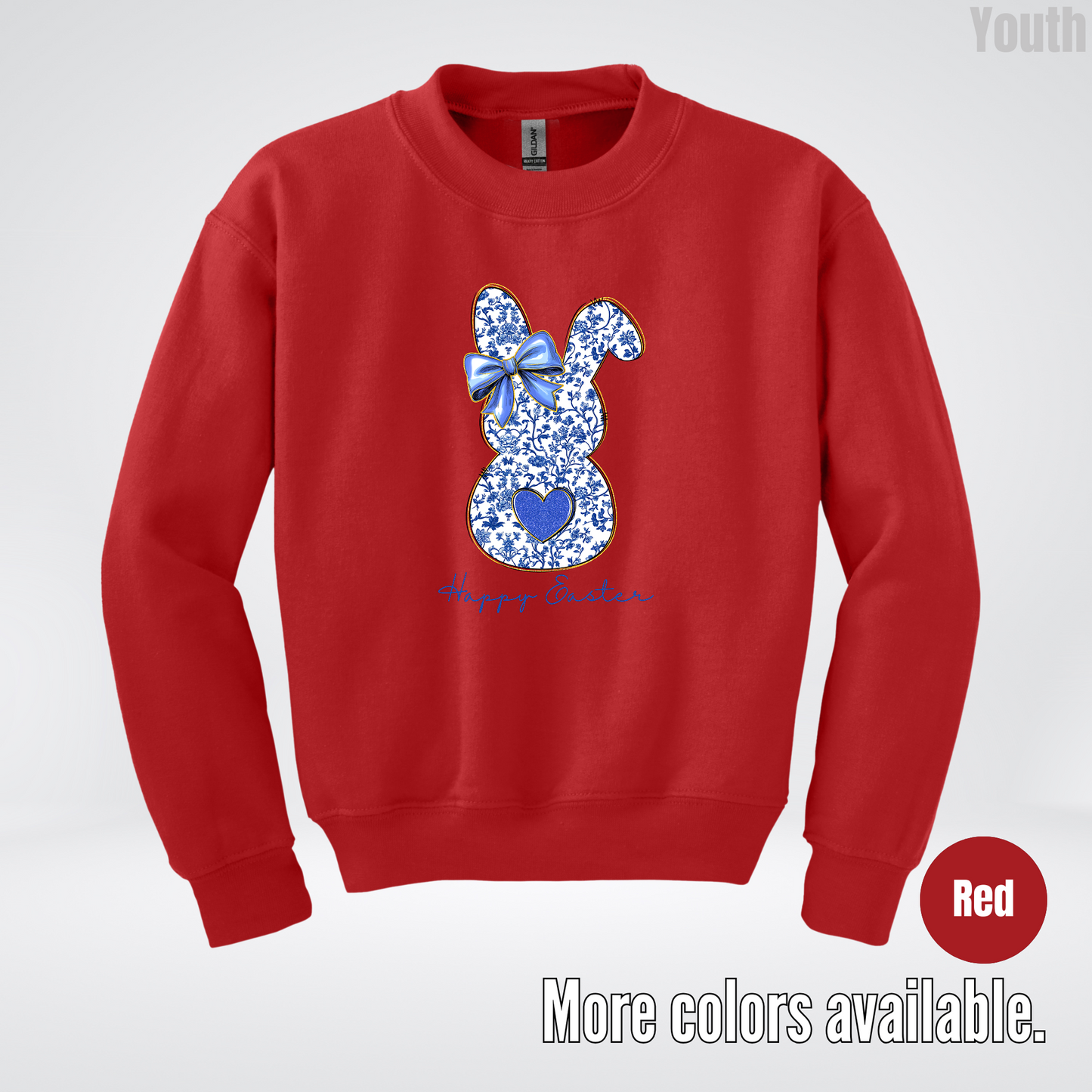 Happy Easter Bunny Blue Toile Chinoiserie Grand Millennial Youth Crewneck Sweatshirt