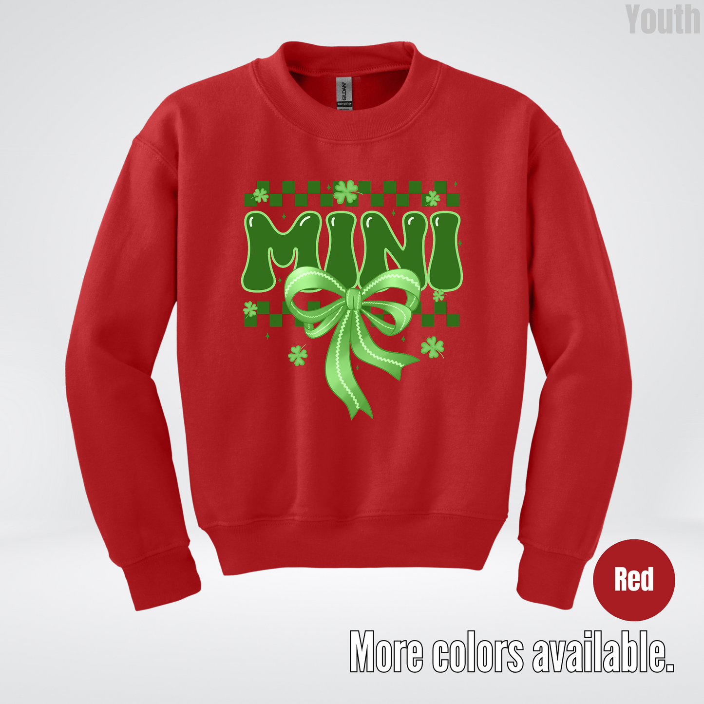 Mini Coquette Green Bow Checkered Retro Four Leaf Clovers Youth Crewneck Sweatshirt