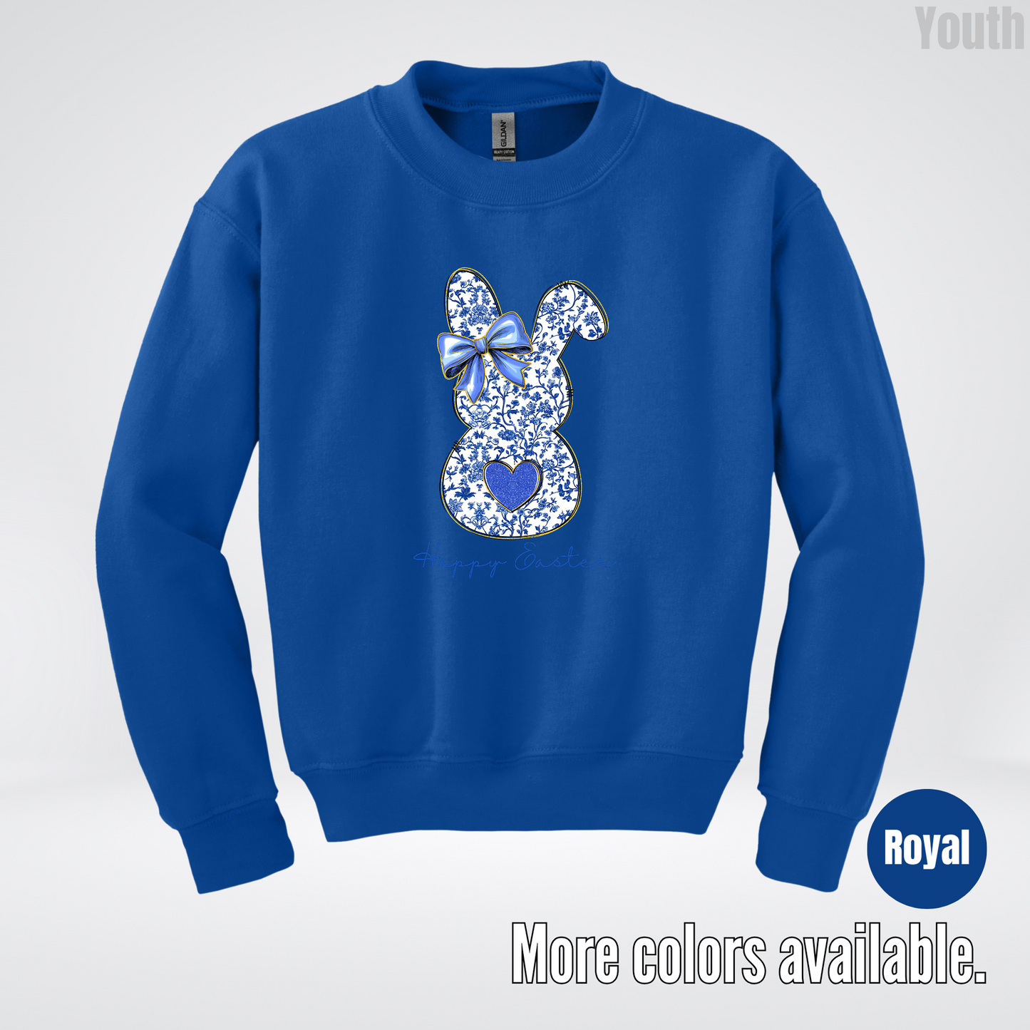 Happy Easter Bunny Blue Toile Chinoiserie Grand Millennial Youth Crewneck Sweatshirt