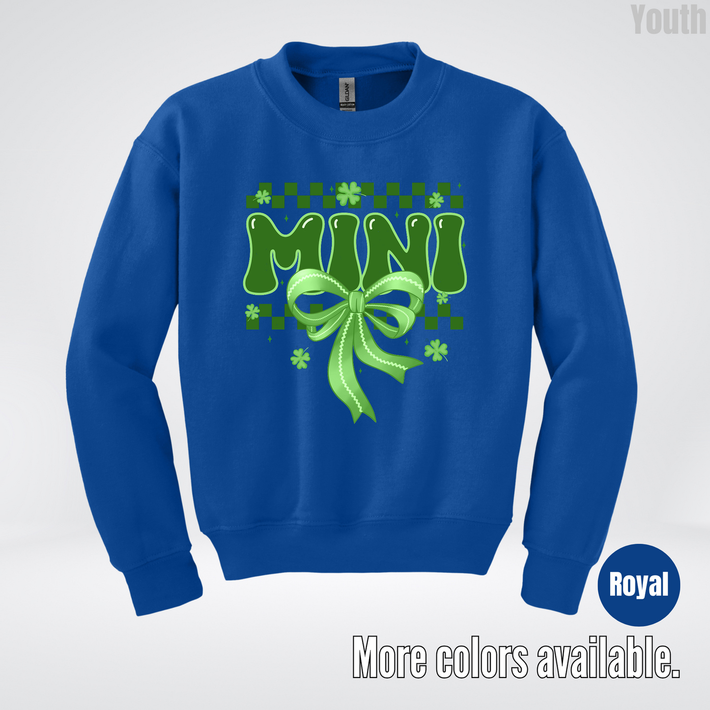 Mini Coquette Green Bow Checkered Retro Four Leaf Clovers Youth Crewneck Sweatshirt