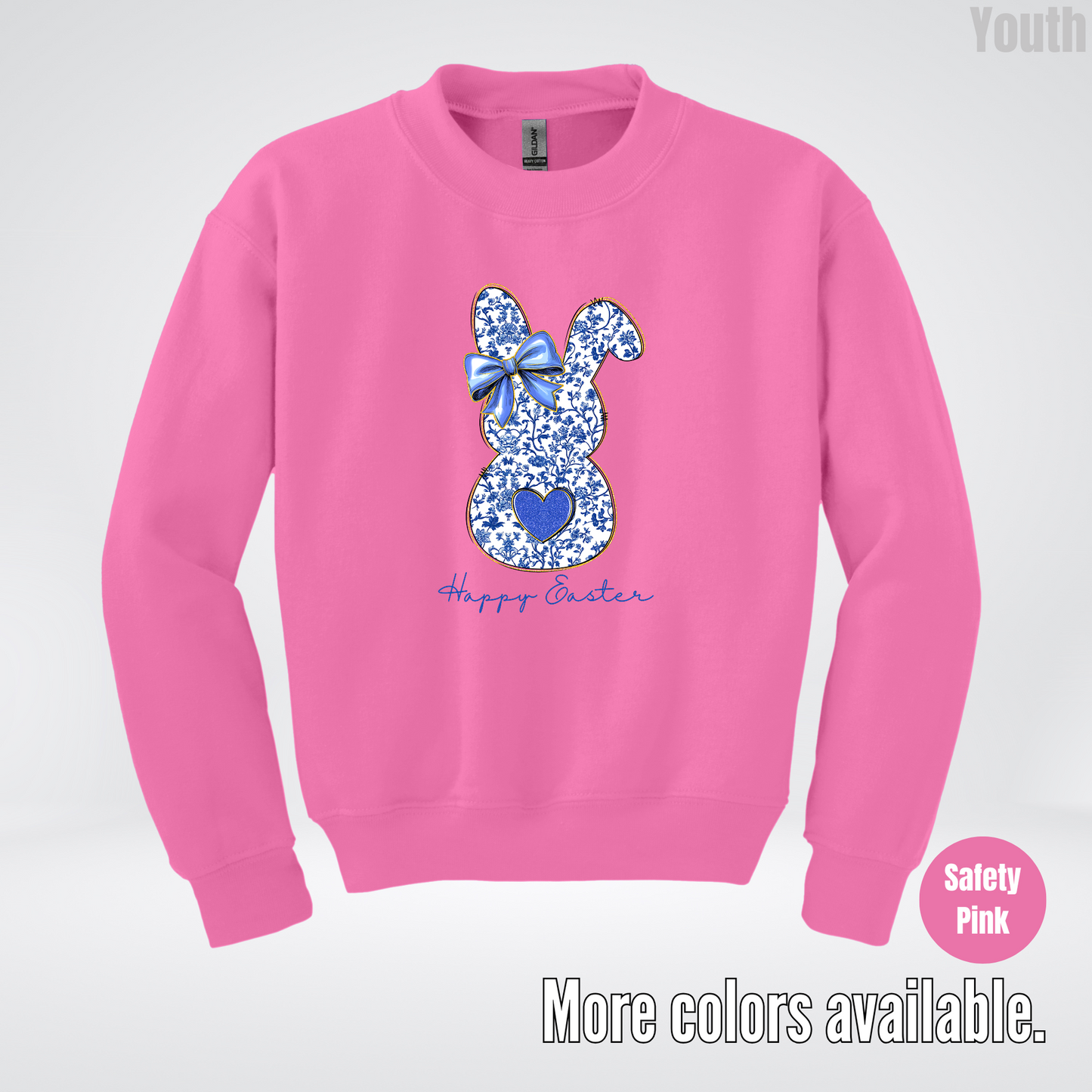 Happy Easter Bunny Blue Toile Chinoiserie Grand Millennial Youth Crewneck Sweatshirt