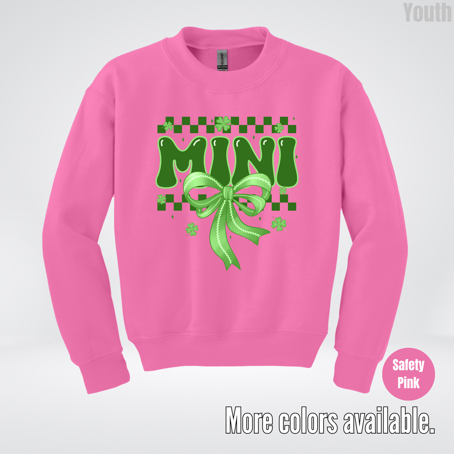 Mini Coquette Green Bow Checkered Retro Four Leaf Clovers Youth Crewneck Sweatshirt