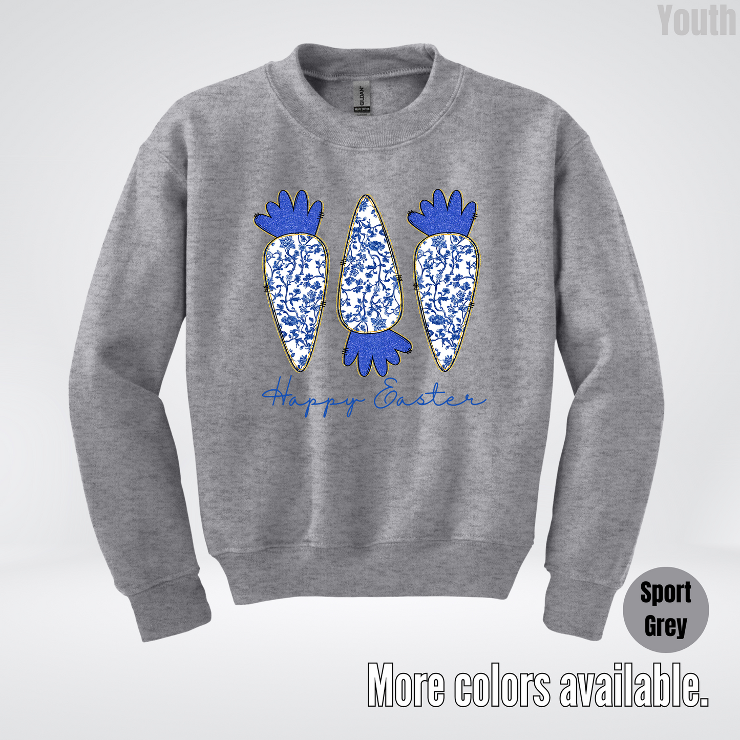 Blue Toile Chinoiserie Grandmillennial Happy Easter And Carrots Youth Crewneck Sweatshirt