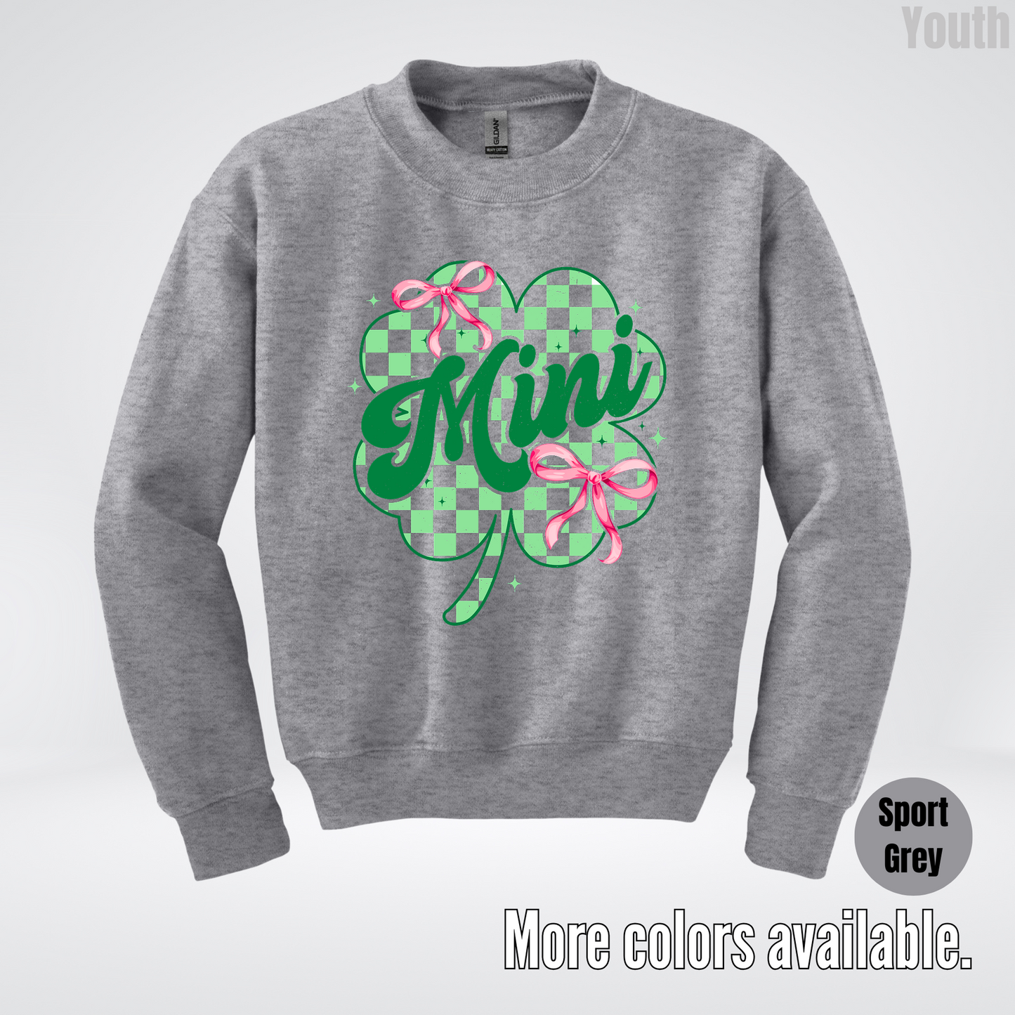 Coquette Mini Pink Bows Checkered Retro Four Leaf Clover Saint Patrick's Day Youth Crewneck Sweatshirt