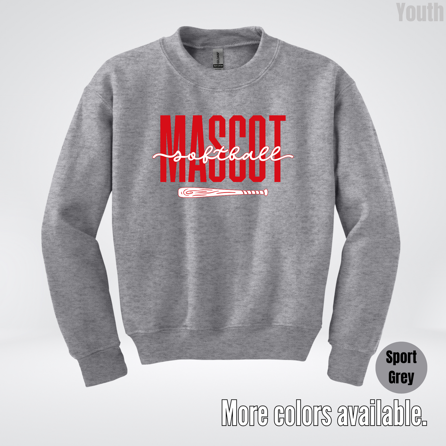 Custom Mascot – Red - Softball Design 28 Youth Crewneck Sweatshirt