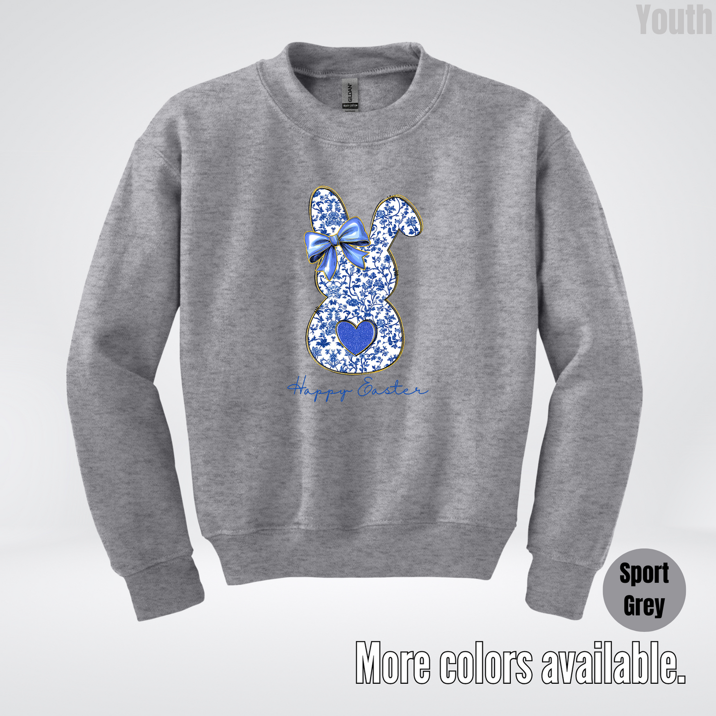 Happy Easter Bunny Blue Toile Chinoiserie Grand Millennial Youth Crewneck Sweatshirt