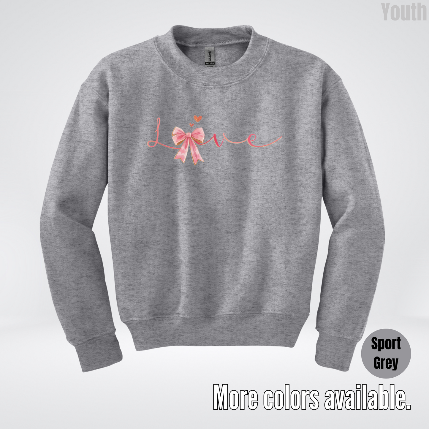 Love Pink Watercolor Coquette Bow Youth Crewneck Sweatshirt