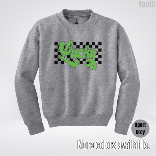 Lucky Cursive Checkered Retro – Saint Patrick’s Day Youth Crewneck Sweatshirt