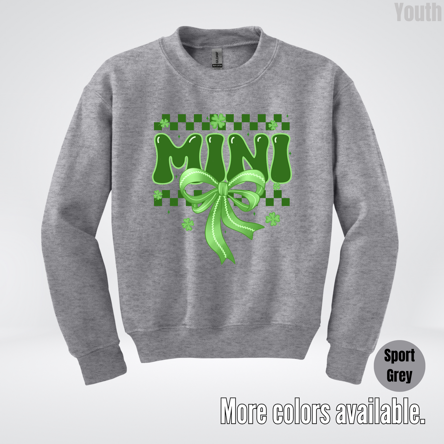 Mini Coquette Green Bow Checkered Retro Four Leaf Clovers Youth Crewneck Sweatshirt