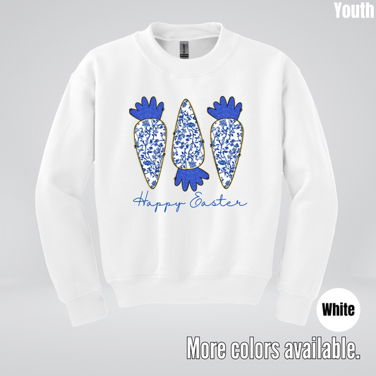 Blue Toile Chinoiserie Grandmillennial Happy Easter And Carrots Youth Crewneck Sweatshirt