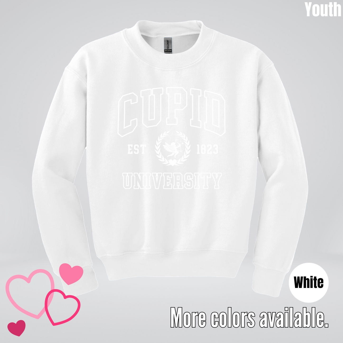Cupid University Est 1823 White Design Youth Crewneck Sweatshirt