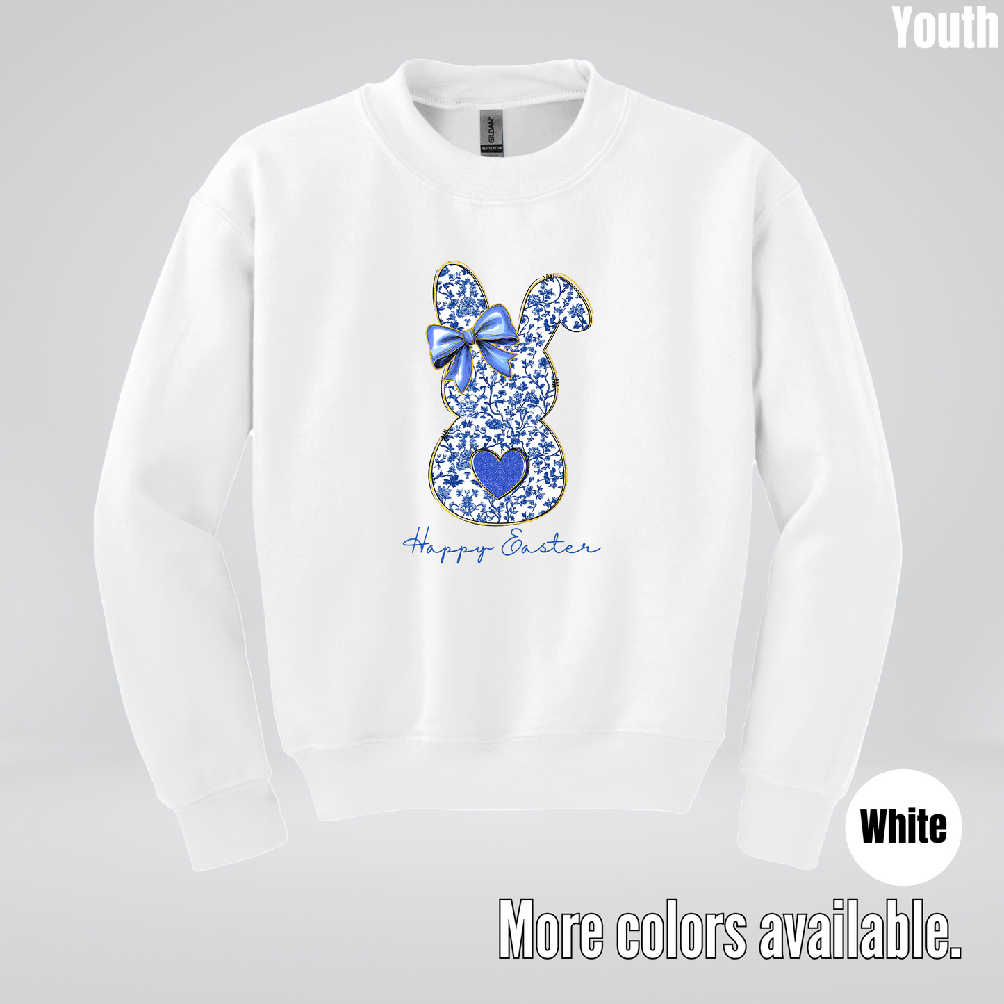 Happy Easter Bunny Blue Toile Chinoiserie Grand Millennial Youth Crewneck Sweatshirt