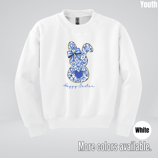 Happy Easter Bunny Blue Toile Chinoiserie Grand Millennial Youth Crewneck Sweatshirt