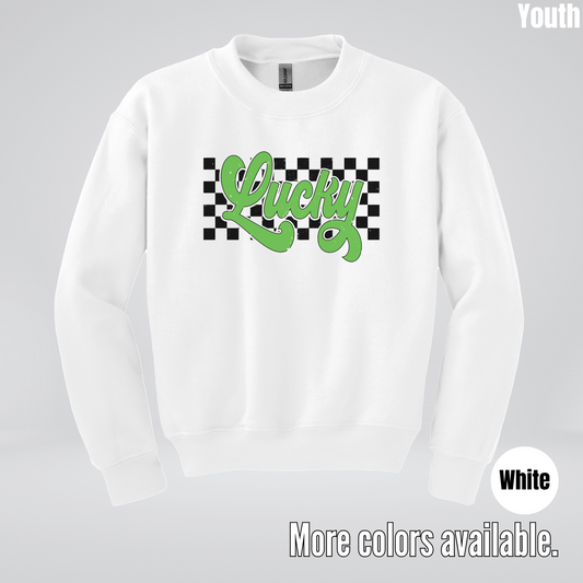 Lucky Cursive Checkered Retro – Saint Patrick’s Day Youth Crewneck Sweatshirt