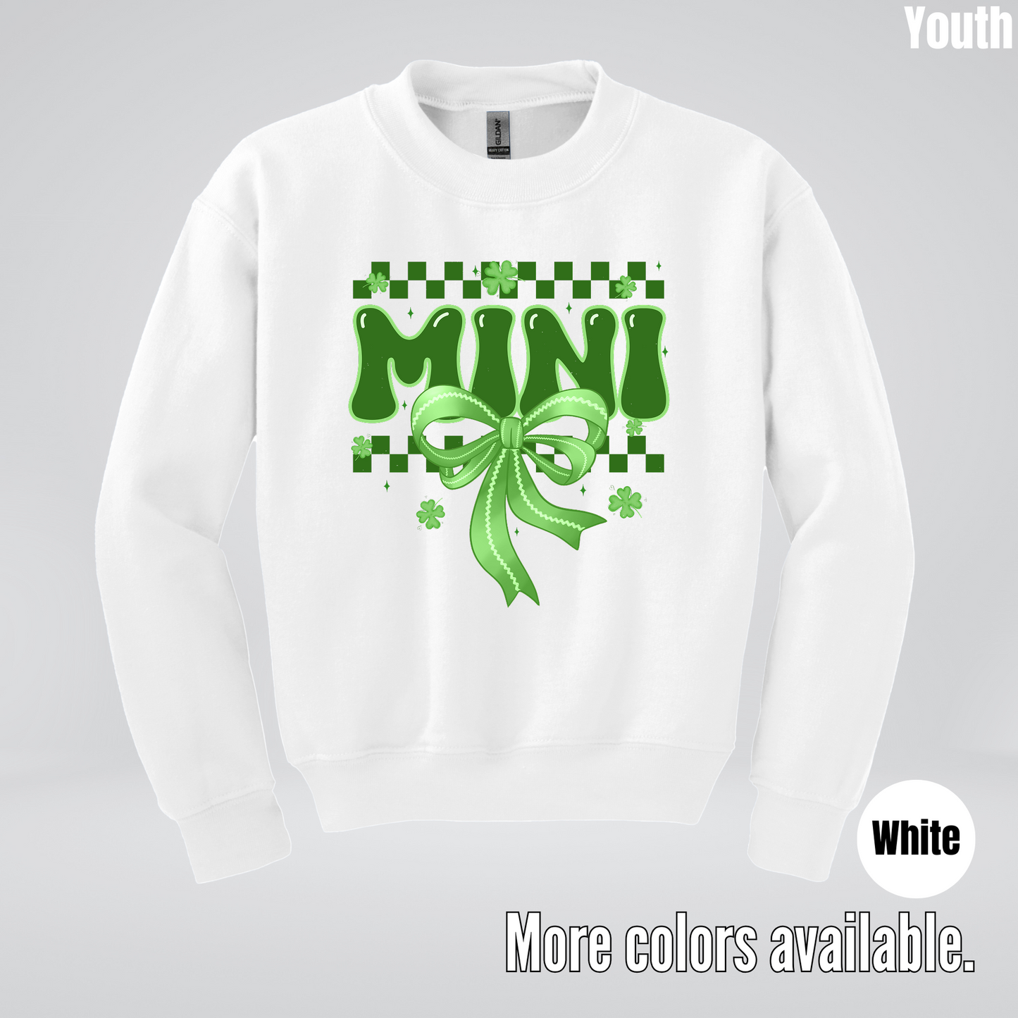 Mini Coquette Green Bow Checkered Retro Four Leaf Clovers Youth Crewneck Sweatshirt