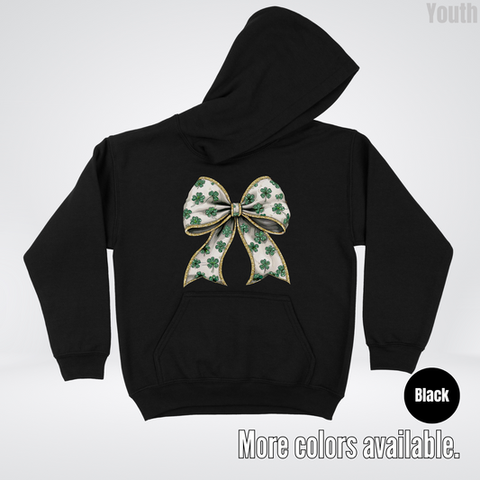 Lucky Clover Green Coquette Glitter Bow – Saint Patrick’s Day Youth Hoodie
