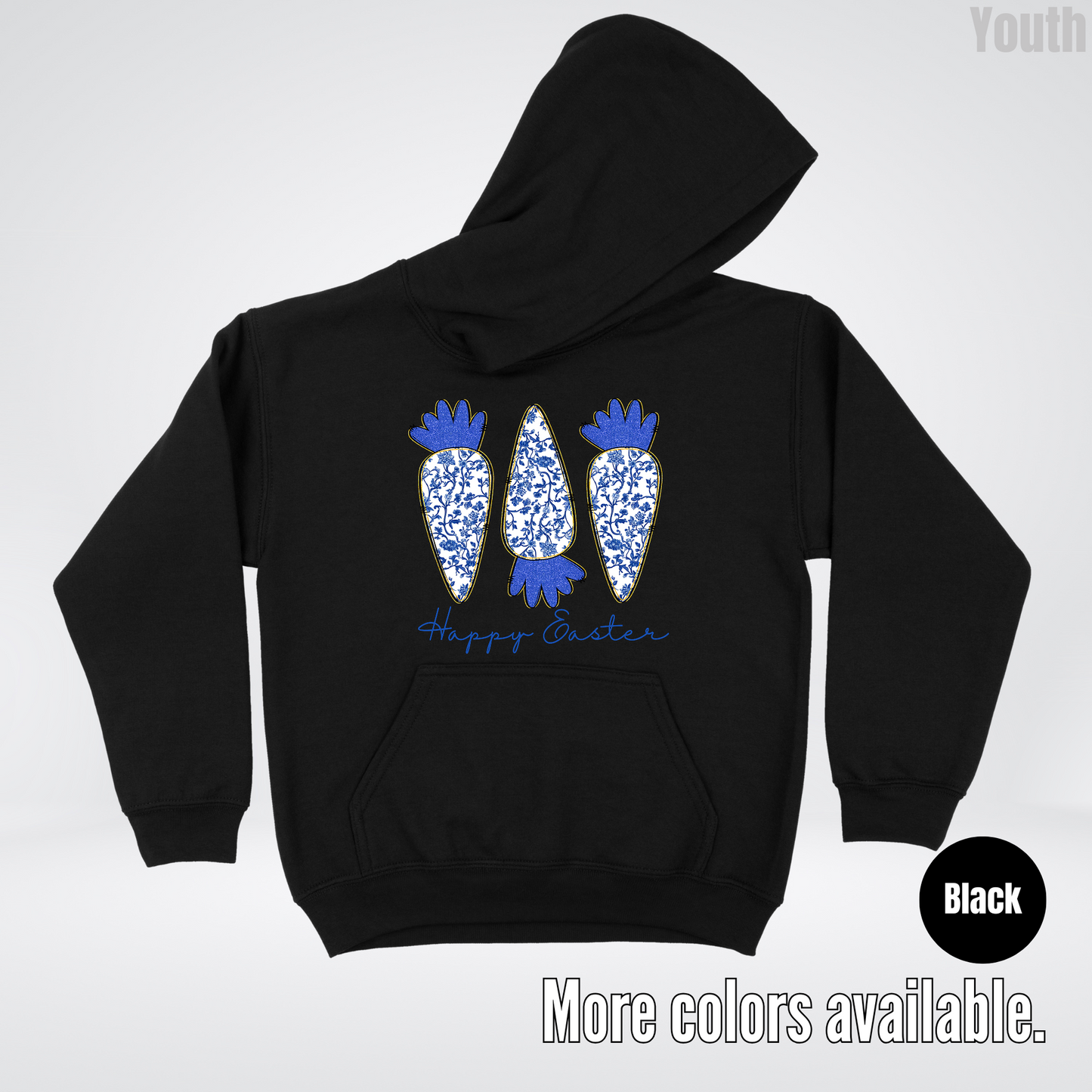 Blue Toile Chinoiserie Grandmillennial Happy Easter And Carrots Youth Hoodie