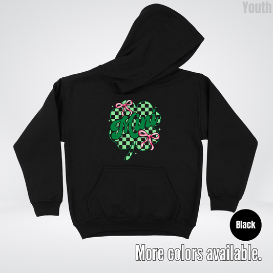 Coquette Mini Pink Bows Checkered Retro Four Leaf Clover Saint Patrick's Day Youth Hoodie