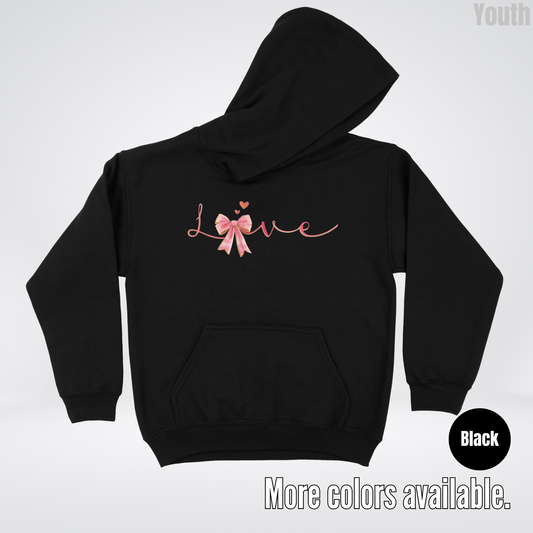 Love Pink Watercolor Coquette Bow Youth Hoodie