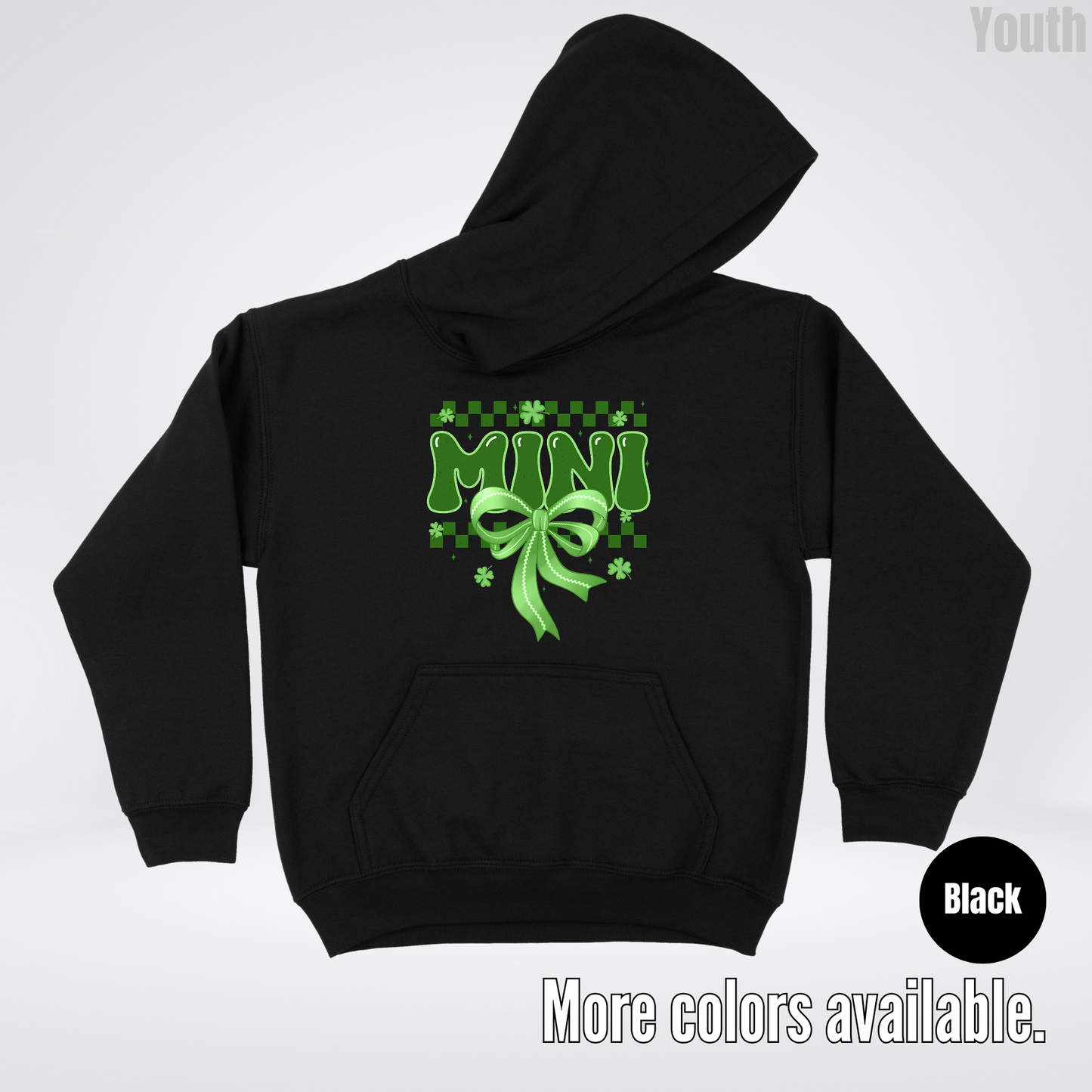 Mini Coquette Green Bow Checkered Retro Four Leaf Clovers Youth Hoodie