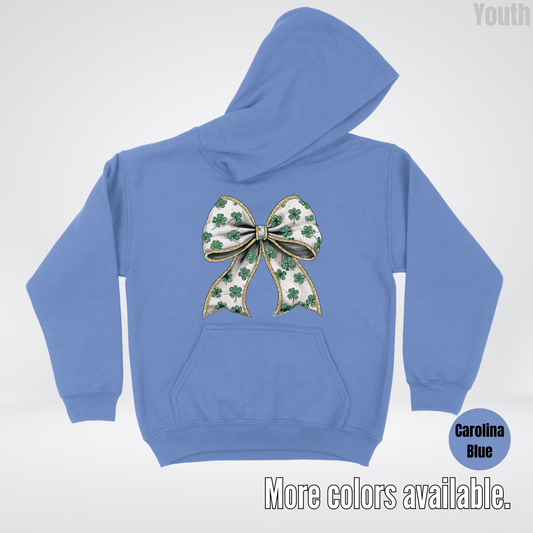 Lucky Clover Green Coquette Glitter Bow – Saint Patrick’s Day Youth Hoodie