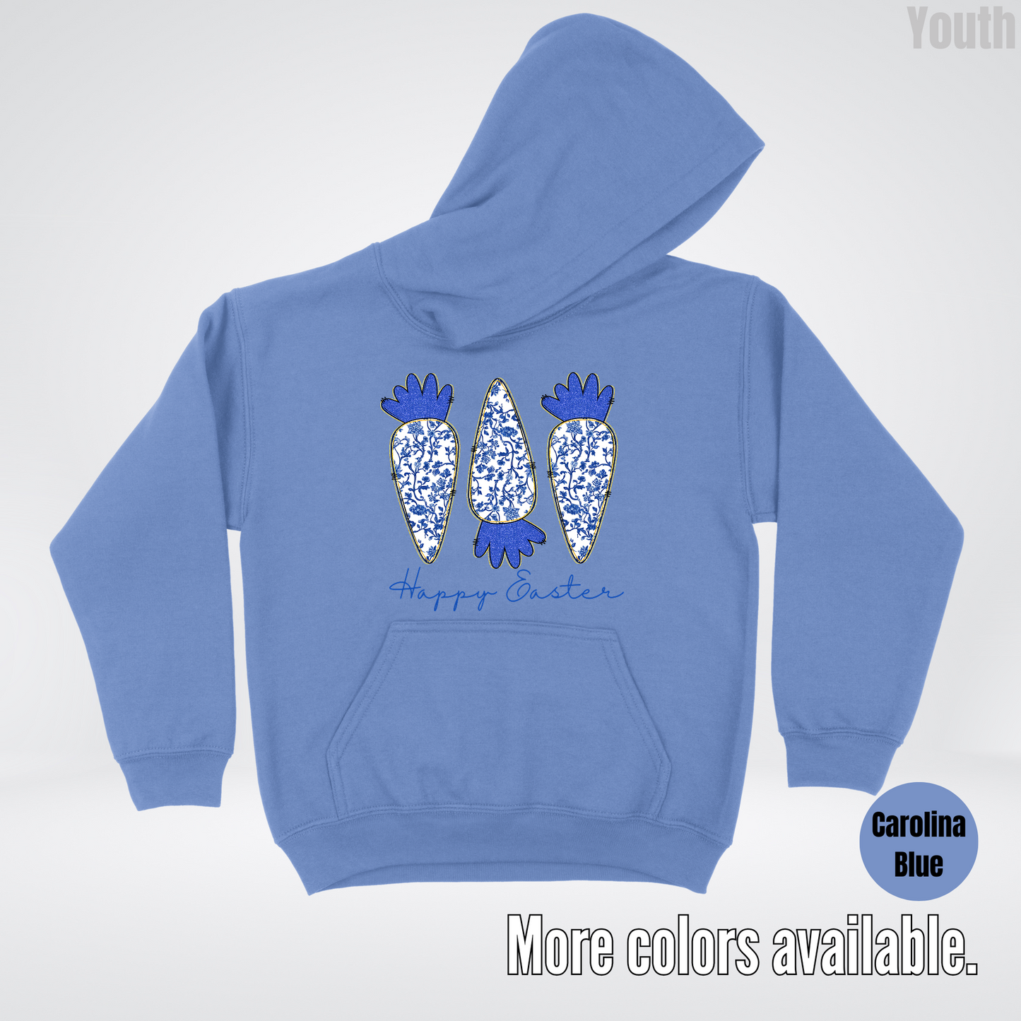 Blue Toile Chinoiserie Grandmillennial Happy Easter And Carrots Youth Hoodie