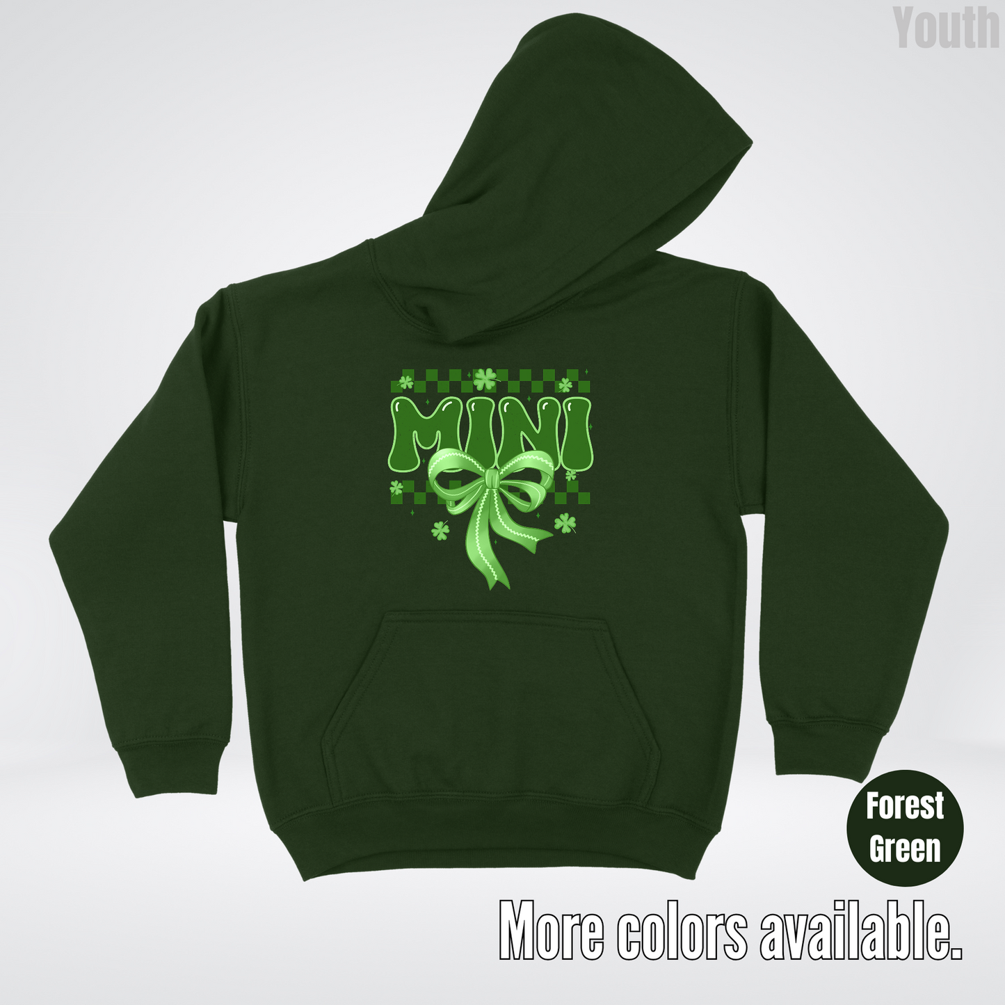 Mini Coquette Green Bow Checkered Retro Four Leaf Clovers Youth Hoodie