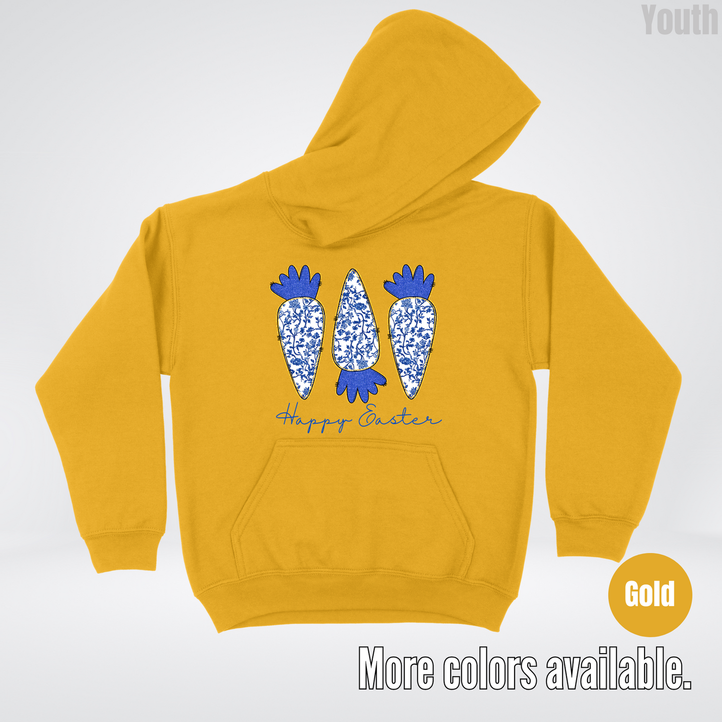 Blue Toile Chinoiserie Grandmillennial Happy Easter And Carrots Youth Hoodie