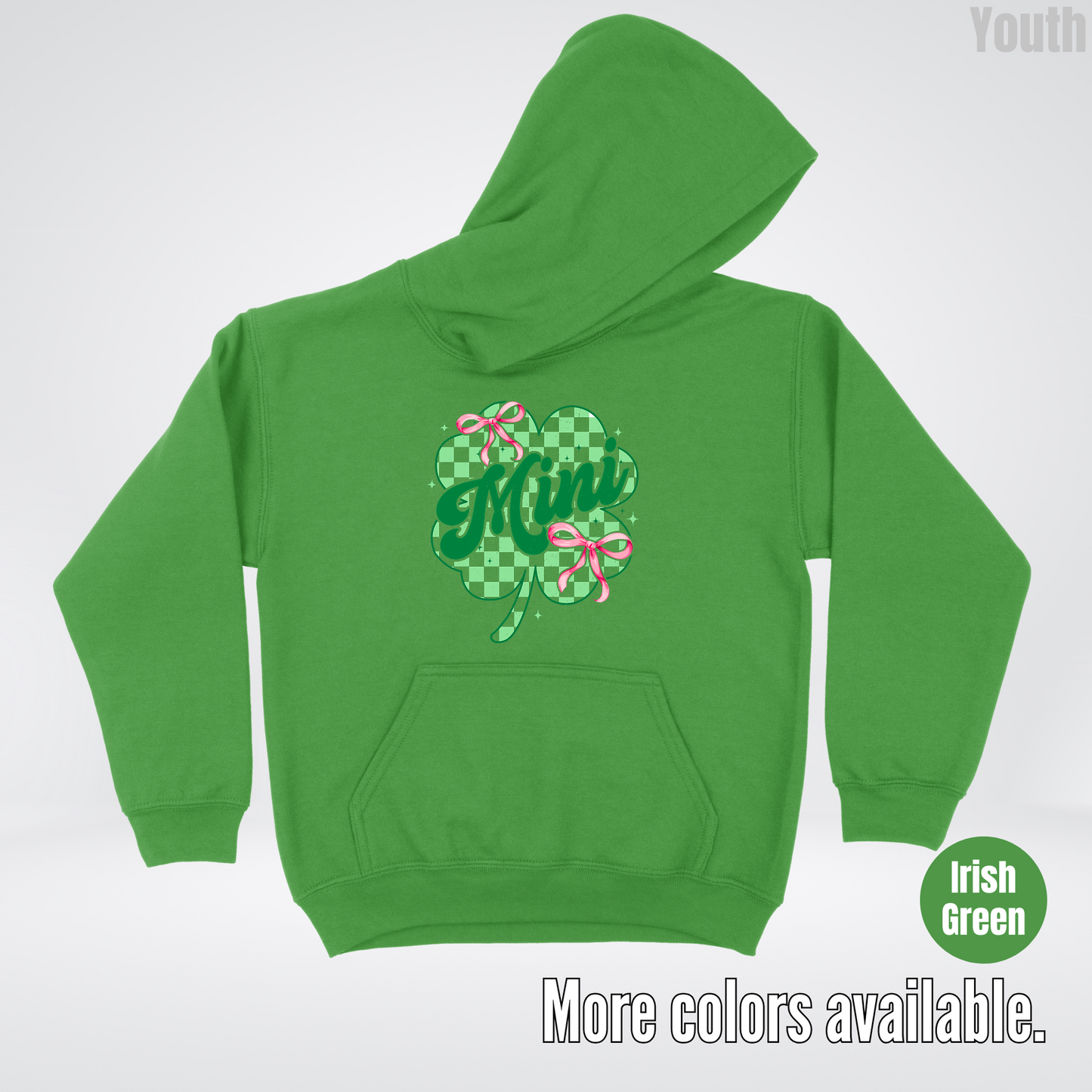 Coquette Mini Pink Bows Checkered Retro Four Leaf Clover Saint Patrick's Day Youth Hoodie