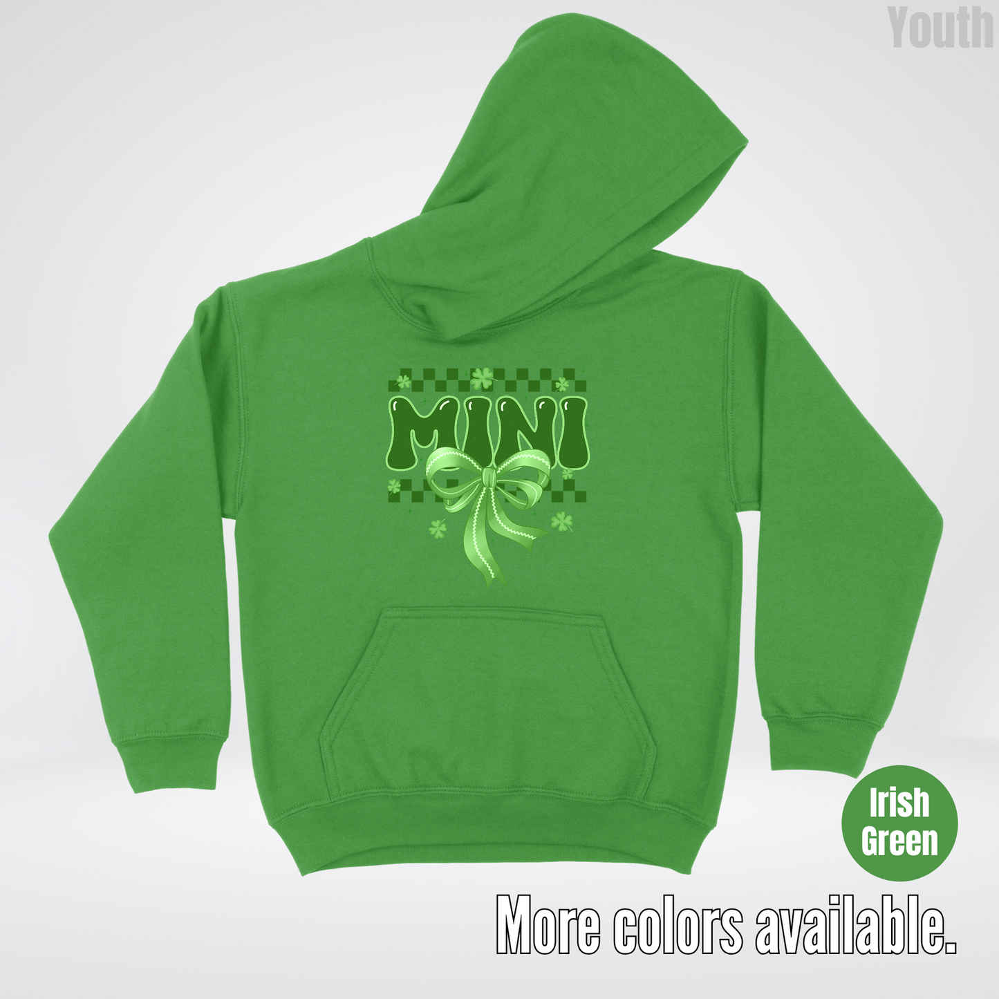 Mini Coquette Green Bow Checkered Retro Four Leaf Clovers Youth Hoodie
